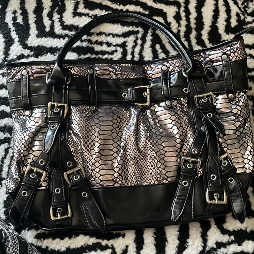 Silver Iridescent Faux Snake Skin Buckle Handbag. Glam. Y2K. Emo. Punk. Goth.